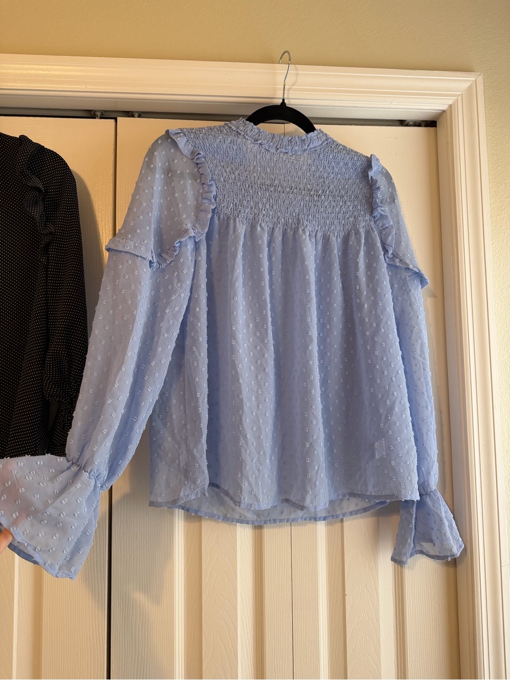 Light Blue Ruffled Swiss Dot Blouse - Women
